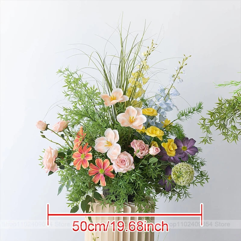 décoration murale bouquet fleurs artificielles roses blanches jaunes bleues feuilles vertes mariage fête événement
