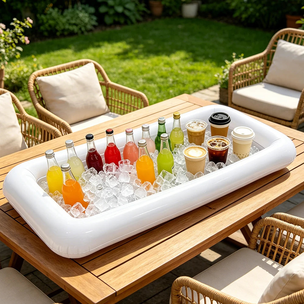 plateau flottant gonflable blanc refroidisseur boissons bouteilles canettes gobelets glaçons été plage festive
