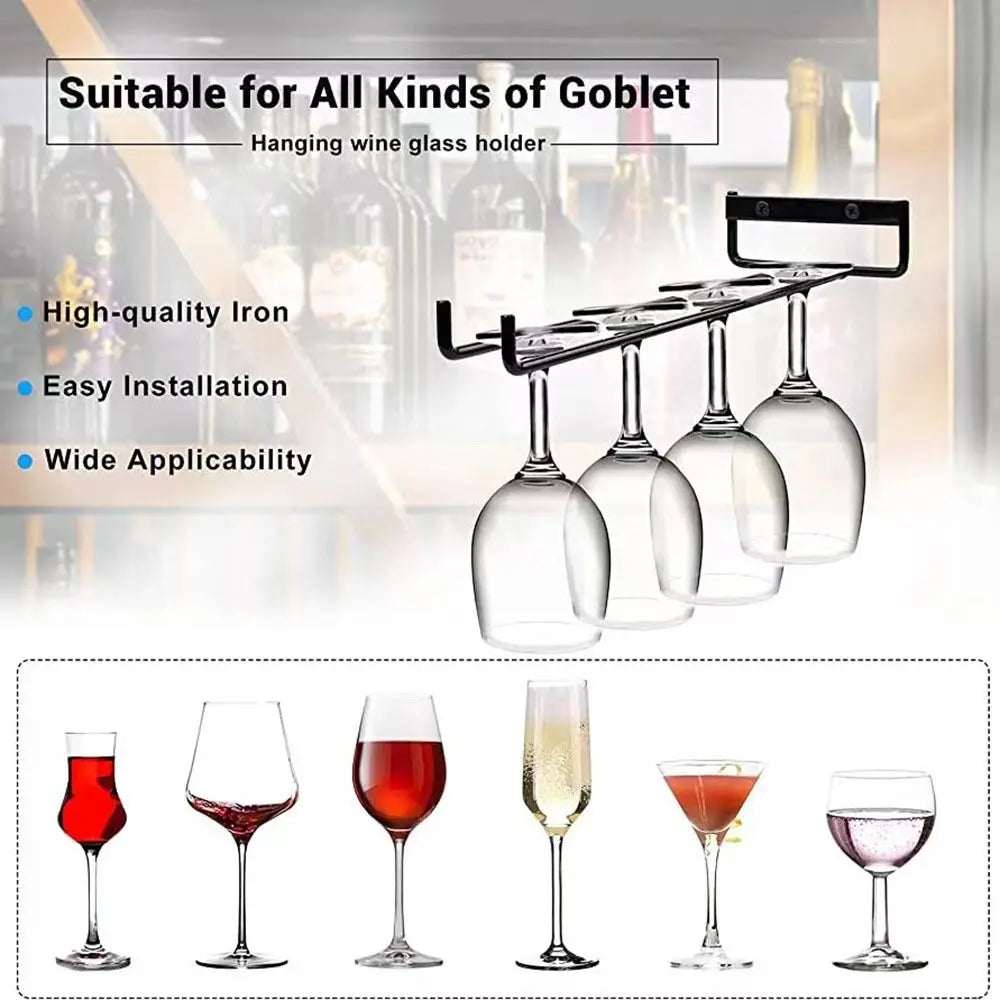 porte verres suspendus industriel noir transparent verres vin flûte pied minimaliste mur métal lisse