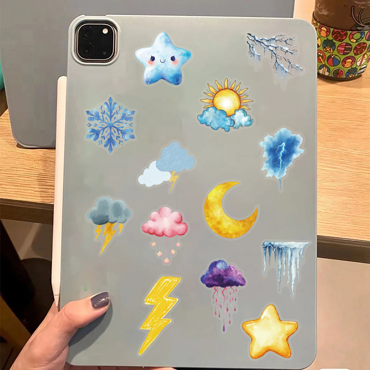 autocollants multicolores dessins animés nuages arc ciel étoiles foudre neige pluie cartoon enfantin adhésifs