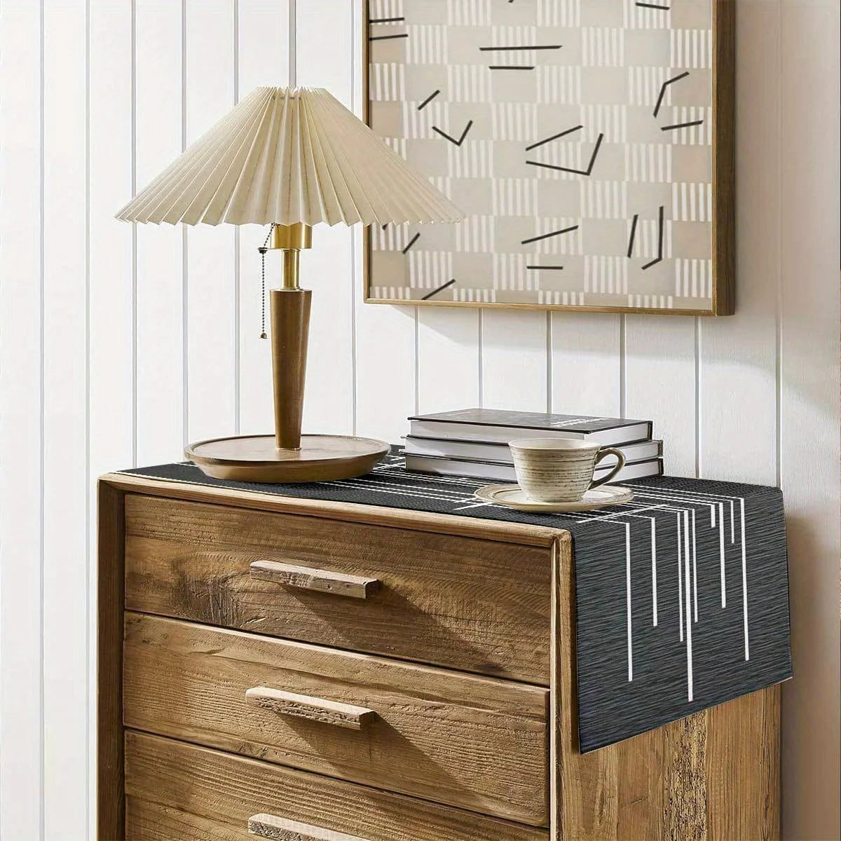nappe table rayée noir blanche texturée moderne minimaliste assiettes couverts fruits livres