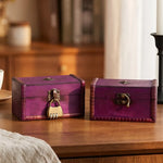 boîte bijoux vintage simili cuir marron violet cadenas poignées rustique