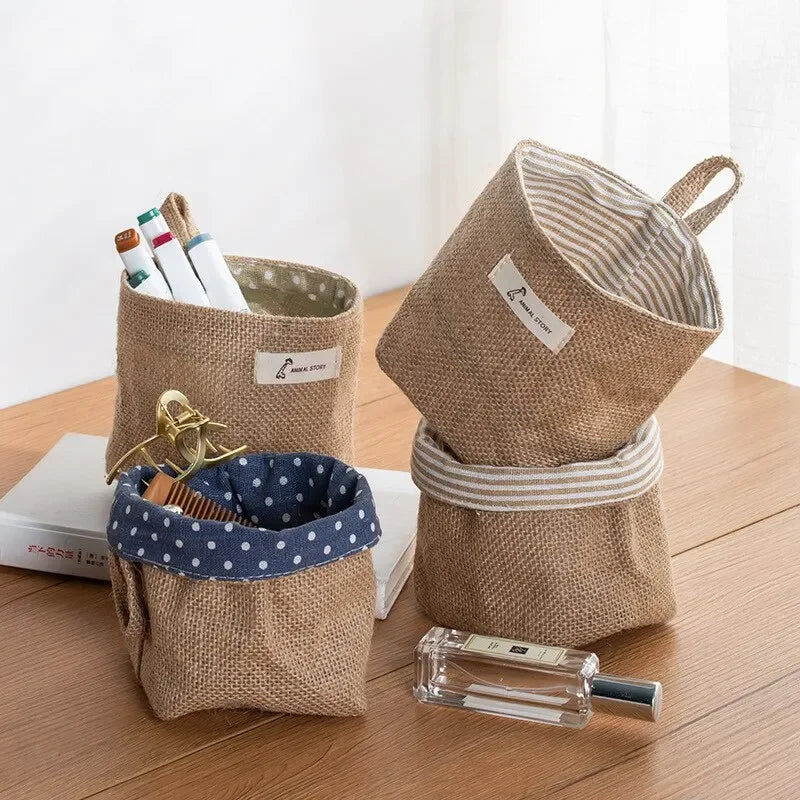 sac rangement toile jute pois blancs rayures noir blanche rustique boho chic anneaux métalliques