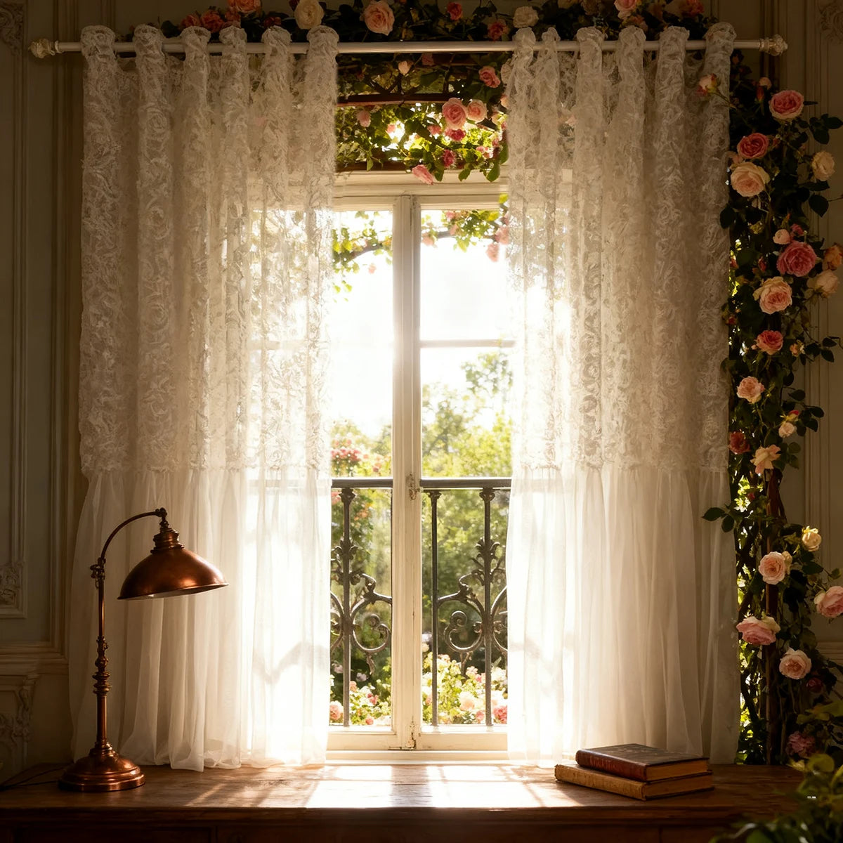 rideau fleur brodé transparent classique polyester blanc chambre mariage decoration