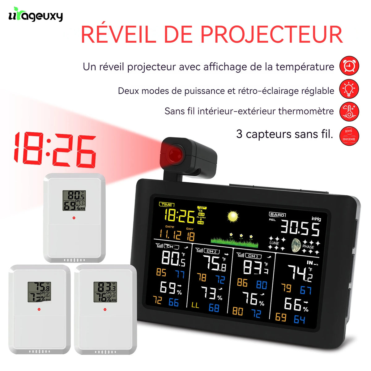 réveil projecteur multifonction noir affichage numérique sans fil capteurs température humidité lumière adjustable maison