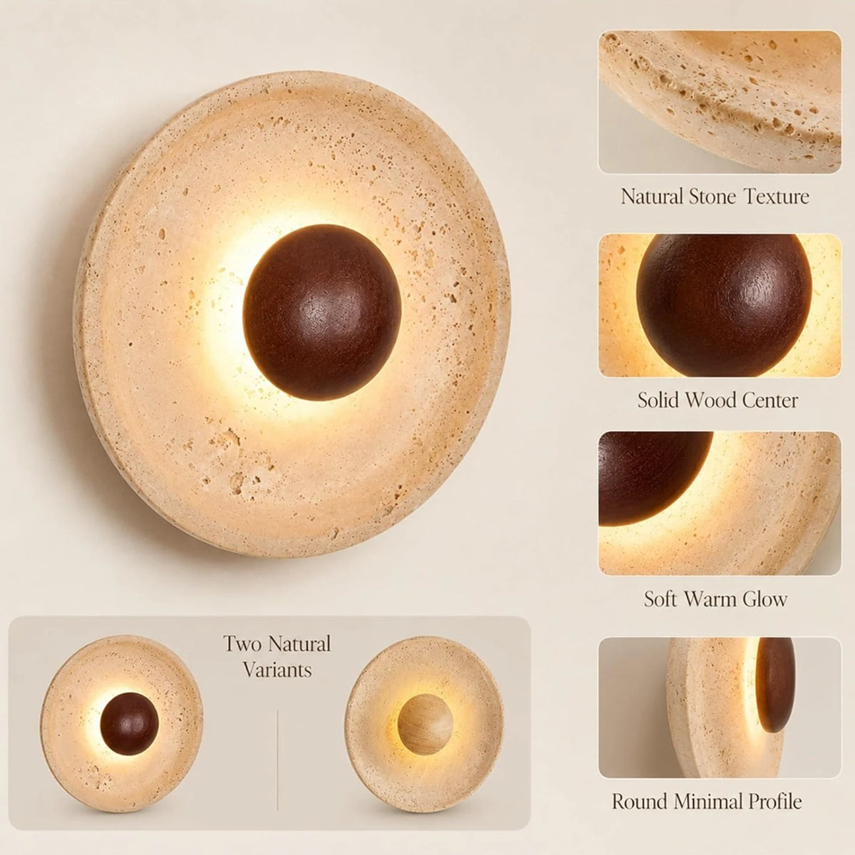 lampe murale pierre naturelle led beige marron foncé texture bois minimaliste fixée mur opaque
