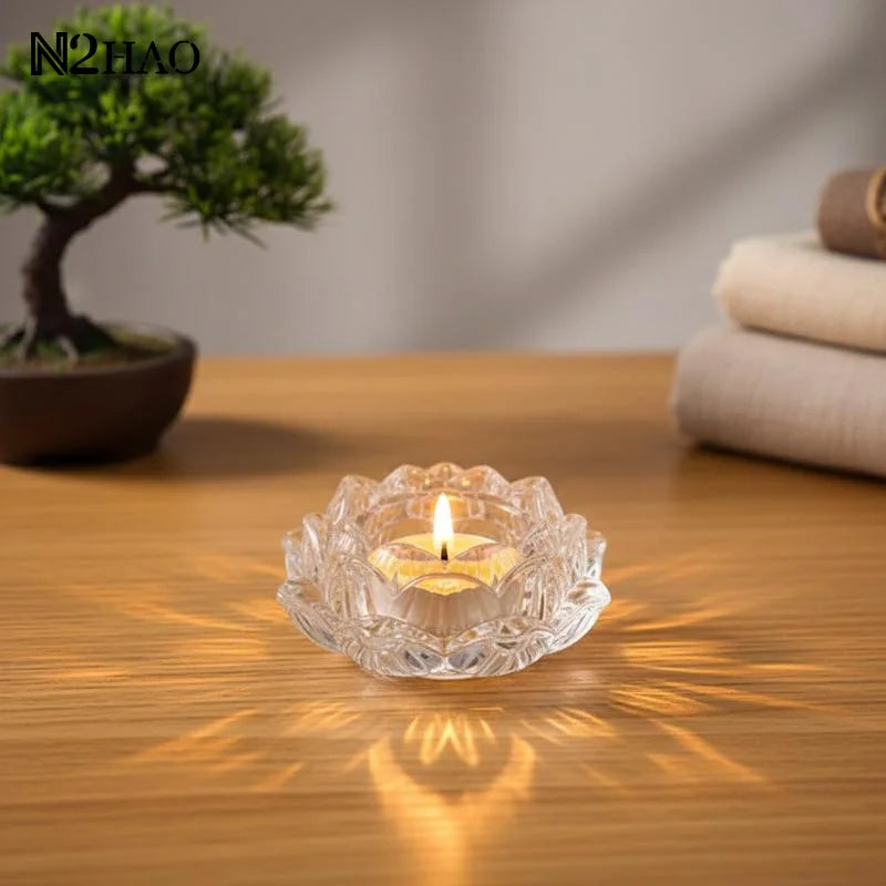 support bougie verre transparent forme fleur lotus décor maison artisanal coupe vent porte bougie