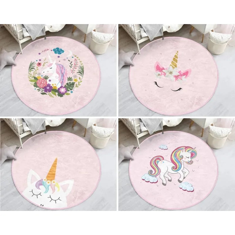 tapis rond licorne floral antidérapant polypropylène polyester doux enfant nuages étoiles rose chambre