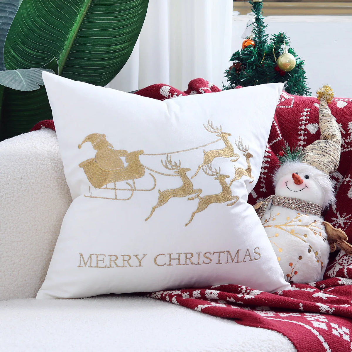 housses coussin noël arbre flocon doré blanc decoration maison car sofa 45x45cm handwash confort