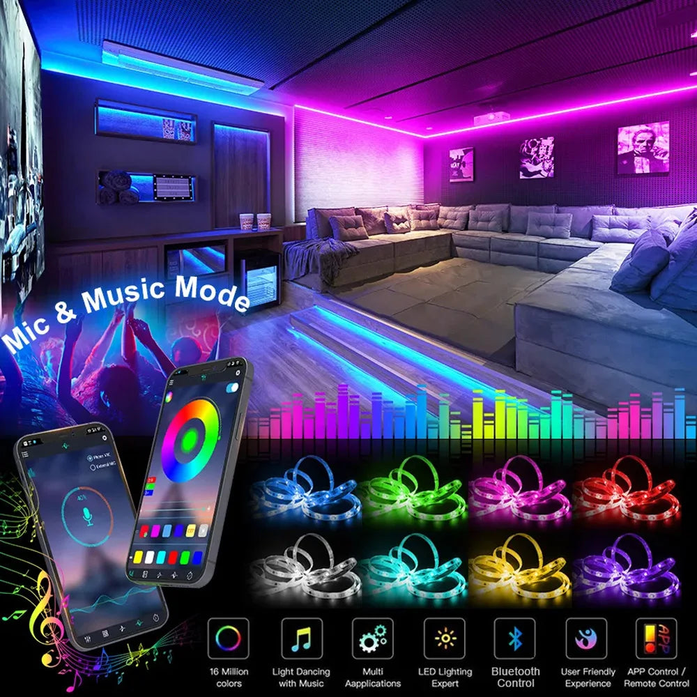 ruban led multicolore moderne 10m 20m 30m bluetooth télécommande application chambre