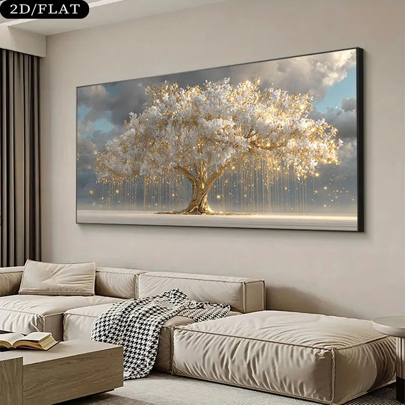 tableau moderne toile abstraite arbre doré branches nuages salon chambre