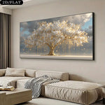 tableau moderne toile abstraite arbre doré branches nuages salon chambre