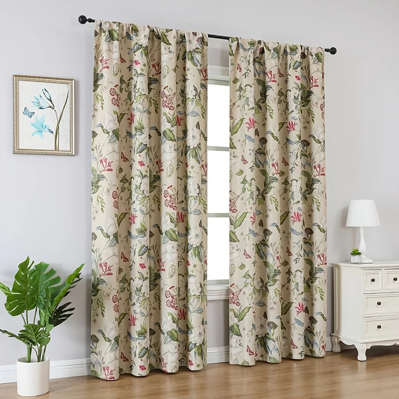 rideau pastoral fleurs papillons beige vert rouge opacité anti poussière réduction bruit fenêtre française
