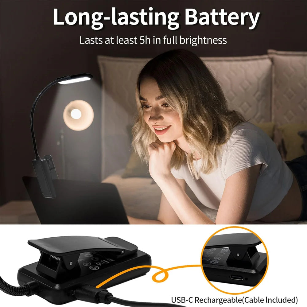 lampe lecture rechargeable led pince livre noir moderne couleurs usb cable court contrôle tactile