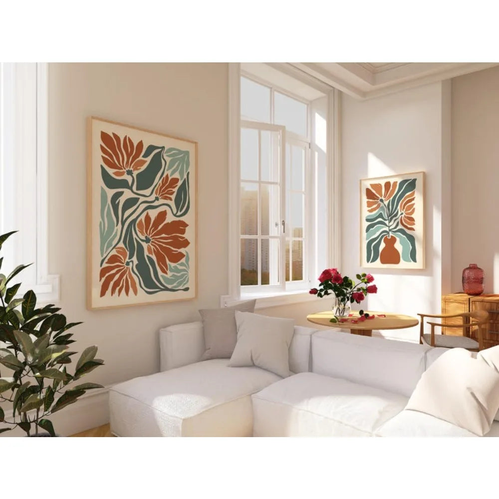 tableau abstrait floral moderne orange vert beige blanc sans cadre toile