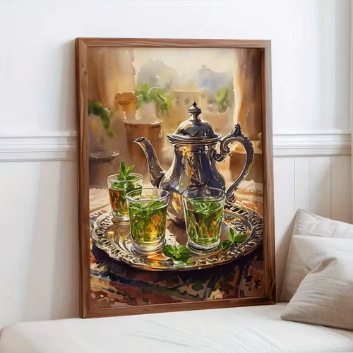 tableau abstrait peinture huile théière verres thé vert feuilles menthe artistique décoration intérieure salon