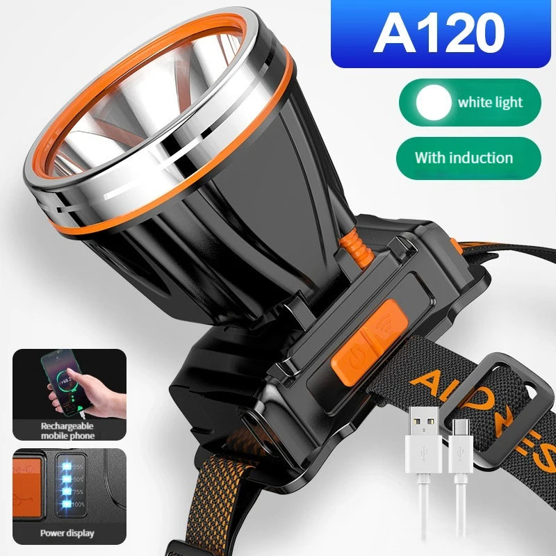 lampe frontale rechargeable noire orange bande ajustable indicateur lumineux mode