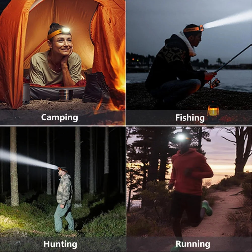 lampe frontale rechargeable led super bright waterproof orange noir adjustable belt fishing camping