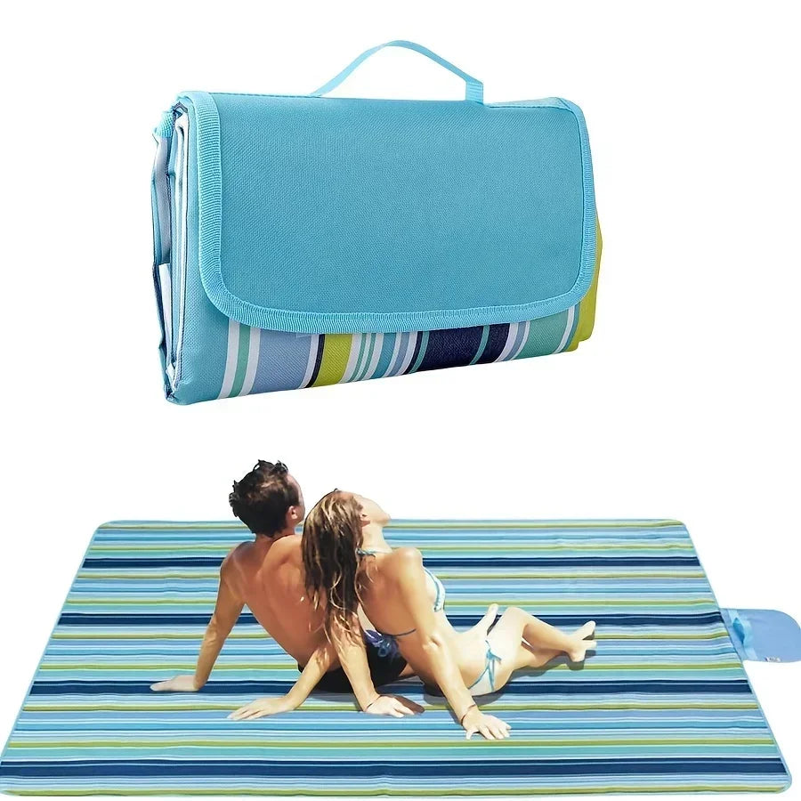 serviette plage rayées moderne bleu clair vert blanc portable facile transporter poignée amovible