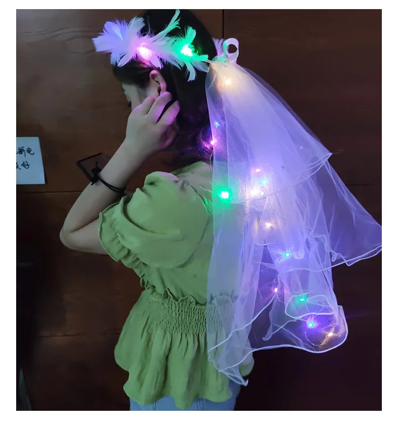 couronne lumineuse voile transparent plumes tulle féerique anniversaire halloween mariage enfants décoration festive lumière