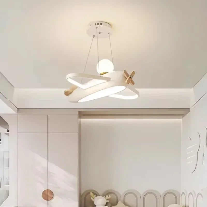 lampe suspendue avion forme moderne enfant blanche brun chaînes led salon chambre
