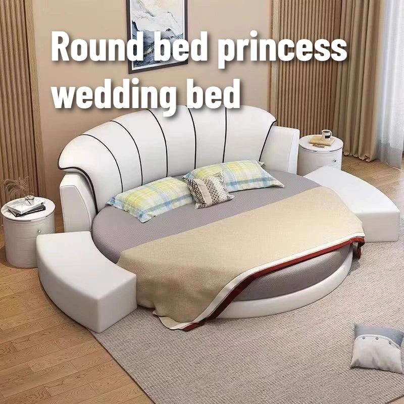 lit rond moderne simili cuir blanc gris tapis coussins table chevet minimaliste chambre coucher