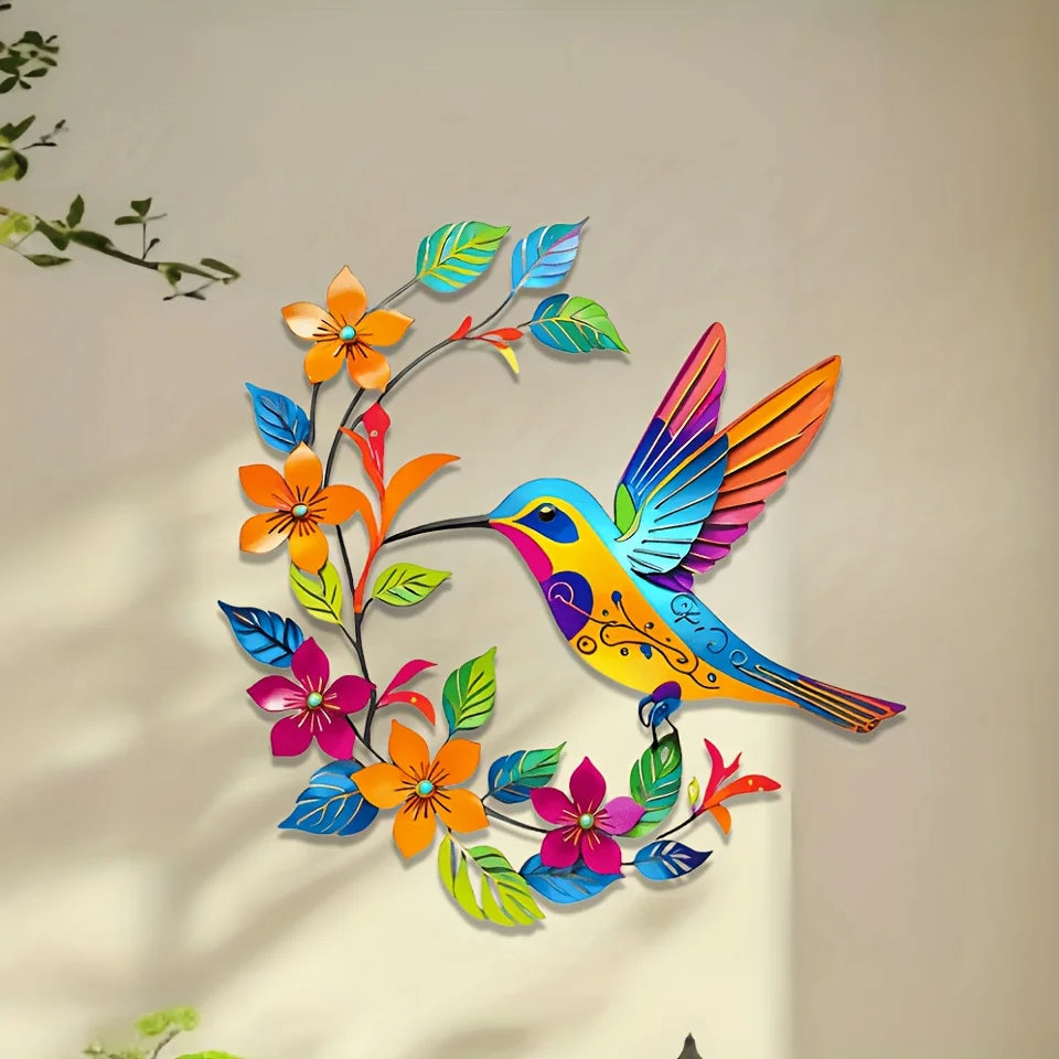 colibri oiseau métal multicolore floral artisanal oiseau fleurs feuilles deco murale patio salon chambre