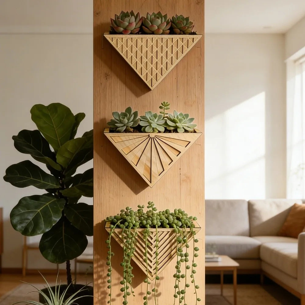 support plante mur bois moderne géométrique minimaliste succulentes herbes sèches fougères lierre cascade