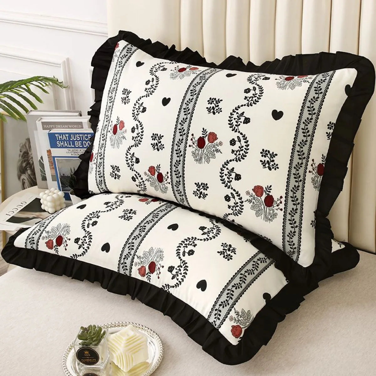 taies d'oreiller polyester motif floral vintage blanc noir adhésif respectueux environnement simple casa lot