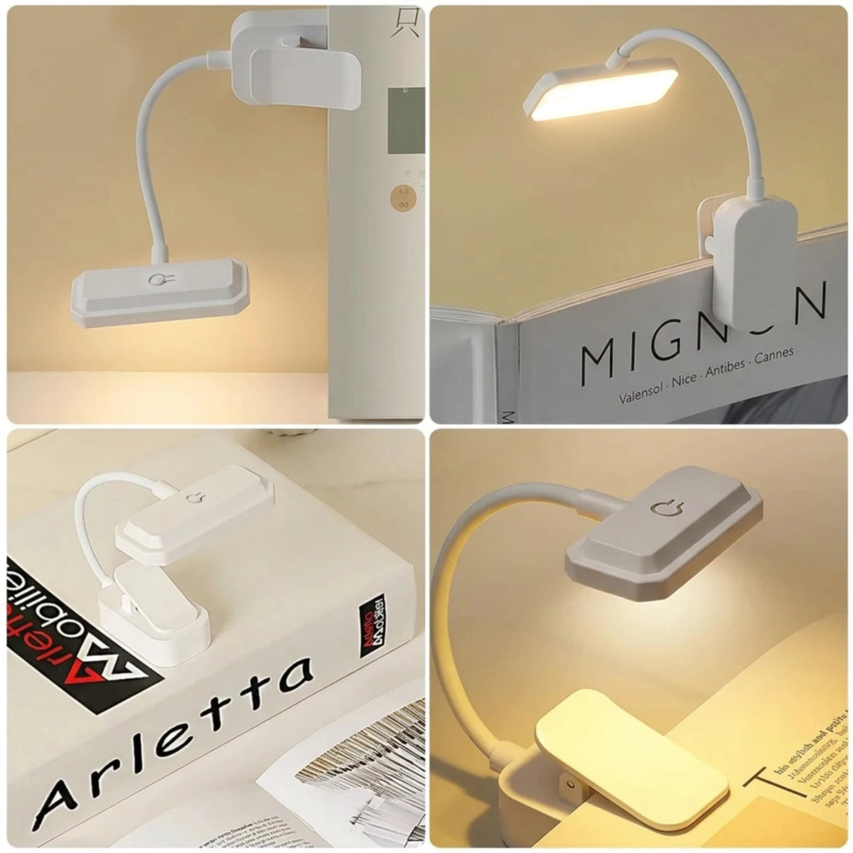 lampe lecture pince rechargeable anti lueur bleue températures luminosité flexible moderne blanc mat
