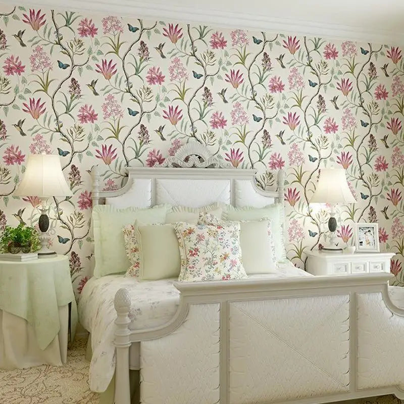 papier peint fleurs oiseaux adhésif vinyle pvc classique romantique beige rose vert bleu gris