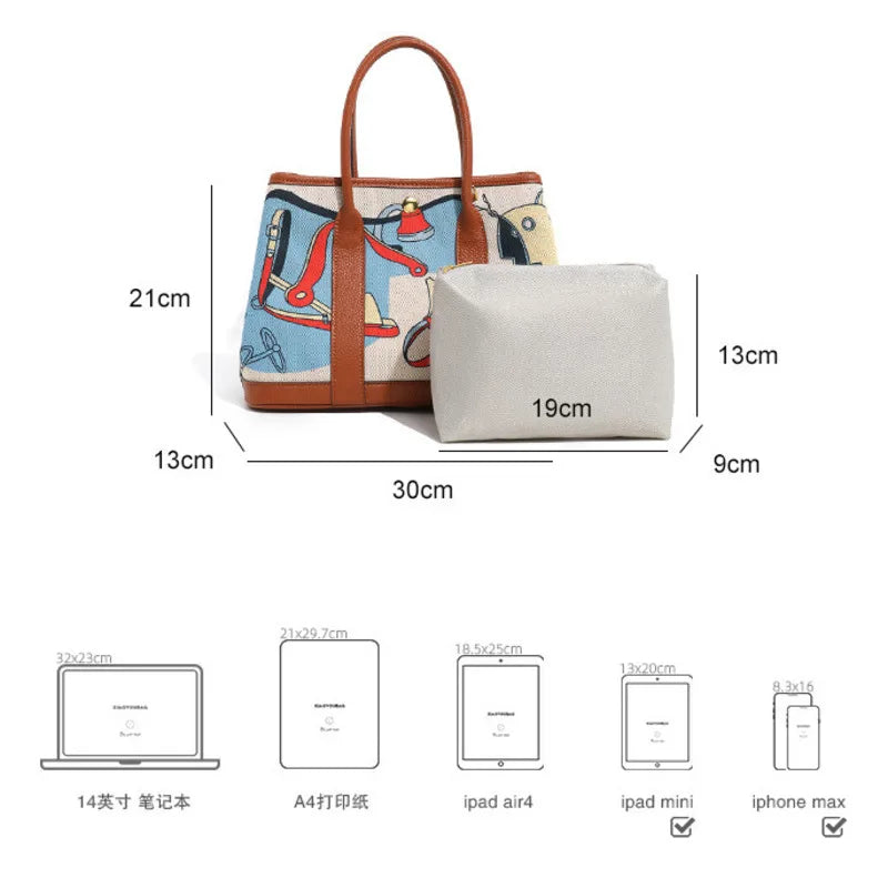 Sac main femme toile imprimé motifs jouets bandoulière amovible poches intérieures moderne casual polyvalent