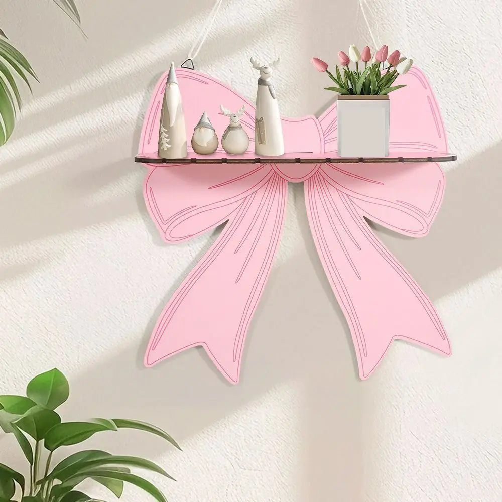 étagère murale bois rose clair motif ruban moderne clips métalliques