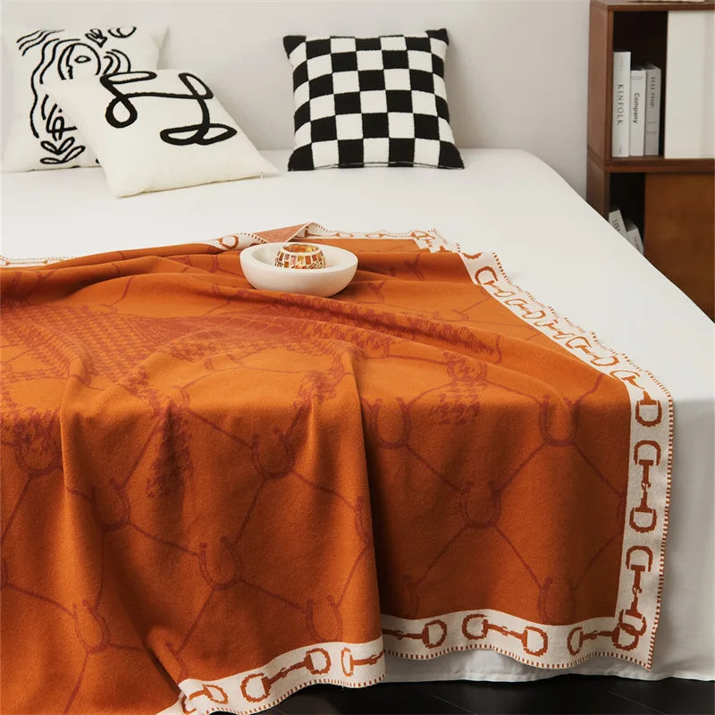 couverture tricotée acrylique moderne beige marron orange américain motif chaines carres portable printemps automne