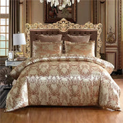 housse couette satin jacquard beige motifs floraux taies oreillers ensemble literie baroque opulent chambre