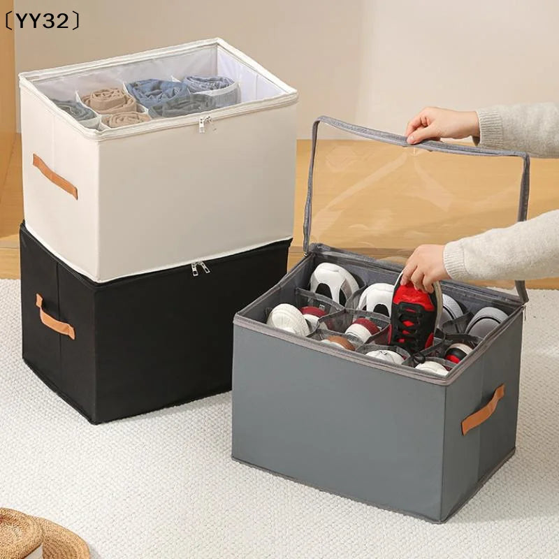 boîtes rangement chaussures tissu polyestère transparentes poignées cuir moderne 12 compartiments gris beige noir