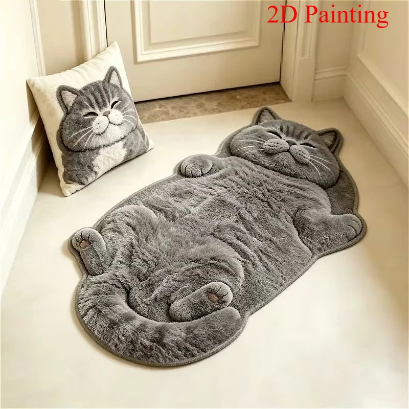 tapis chaton pelucheux gris 3d salon chambre couloir décoratif polyester PVC