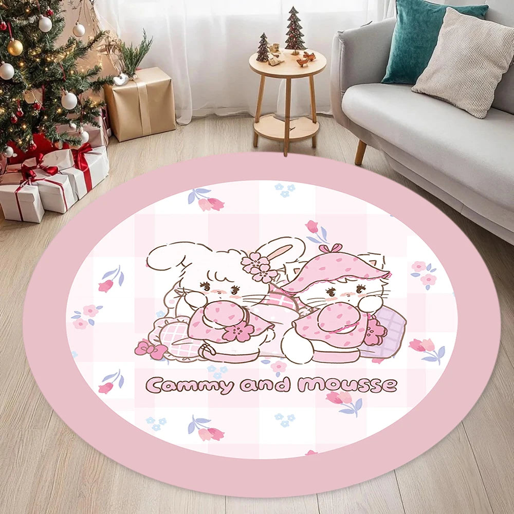 tapis rond dessin animé chats mignons pois blancs rose salon chambre antidérapant polyester