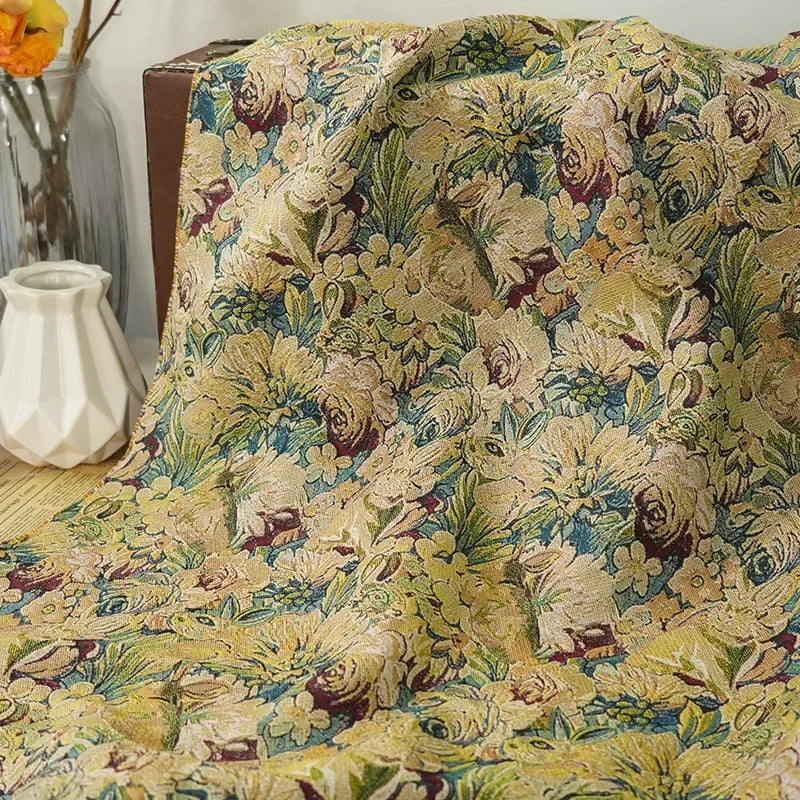 tissu polyester jaune vert rouge fleurs lièvres motif floral sacs vêtements coussins décoration rétro