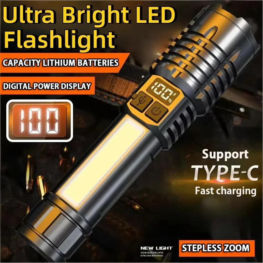 lampe torche multifonction rechargeable led noire texturée affichage numérique zoom intense résistant chocs