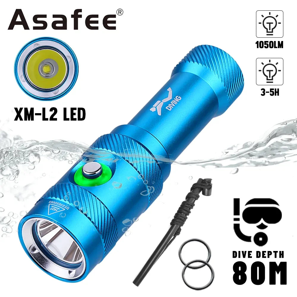 lampe torche sous marine bleu rayures verticales moderne rechargeable annneau sécurité intense luminosité