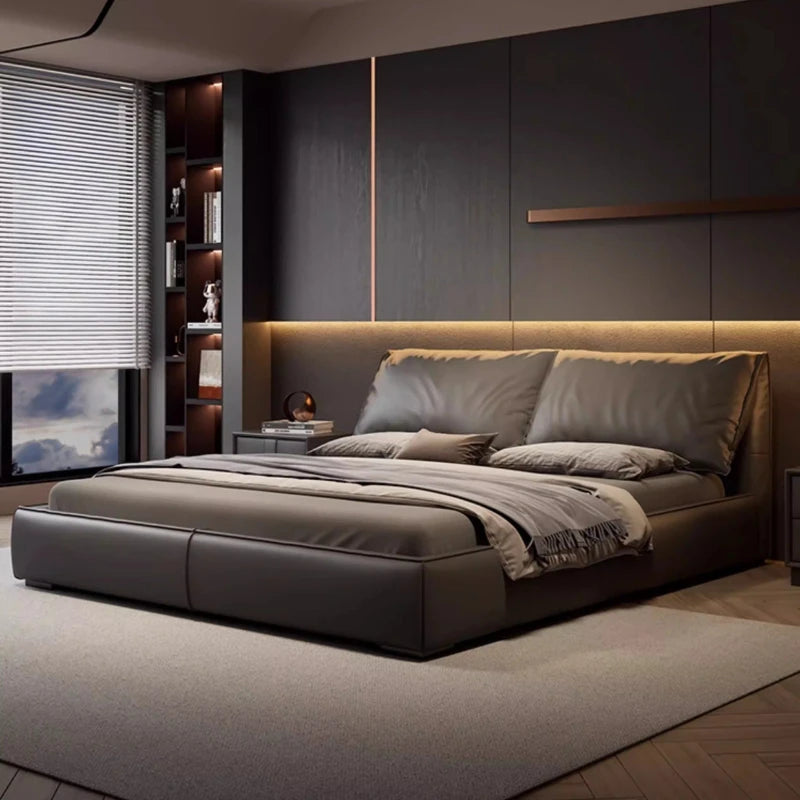 lit double moderne bois gris foncé simili cuir dossier souple chambre coucher