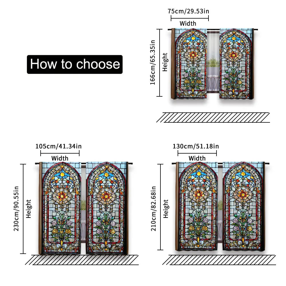 rideaux deux pièces motifs floraux semi transparent vitrail couleurs vives rouge bleu violet