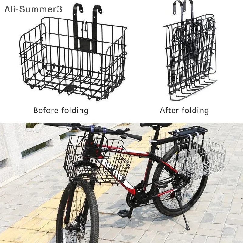 panier vélo pliable noir argenté structure treillis minimaliste utilitaire fixations métalliques avant arrière