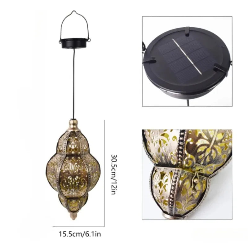 lampe suspendue dorée ornements floraux ajourée artisanale recharge solaireextérieur traditionnelle