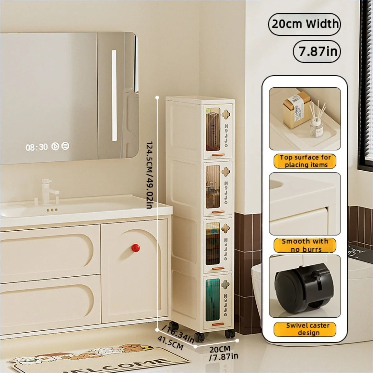rangement mobile meuble beige compartiments tiroirs moderne minimaliste roulettes salon cuisine chambre