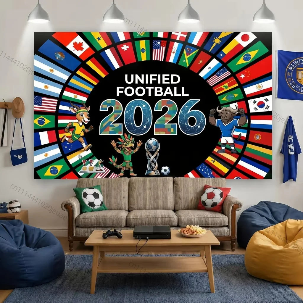 affiche murale drapeaux nations personnages sportifs UNIFIED FOOTBALL 2026 moderne opaque sportive