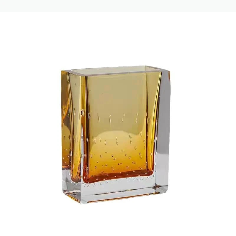 vase verre transparent jaune ambré moderne bulles air texturé fleurs rosesbranches orange