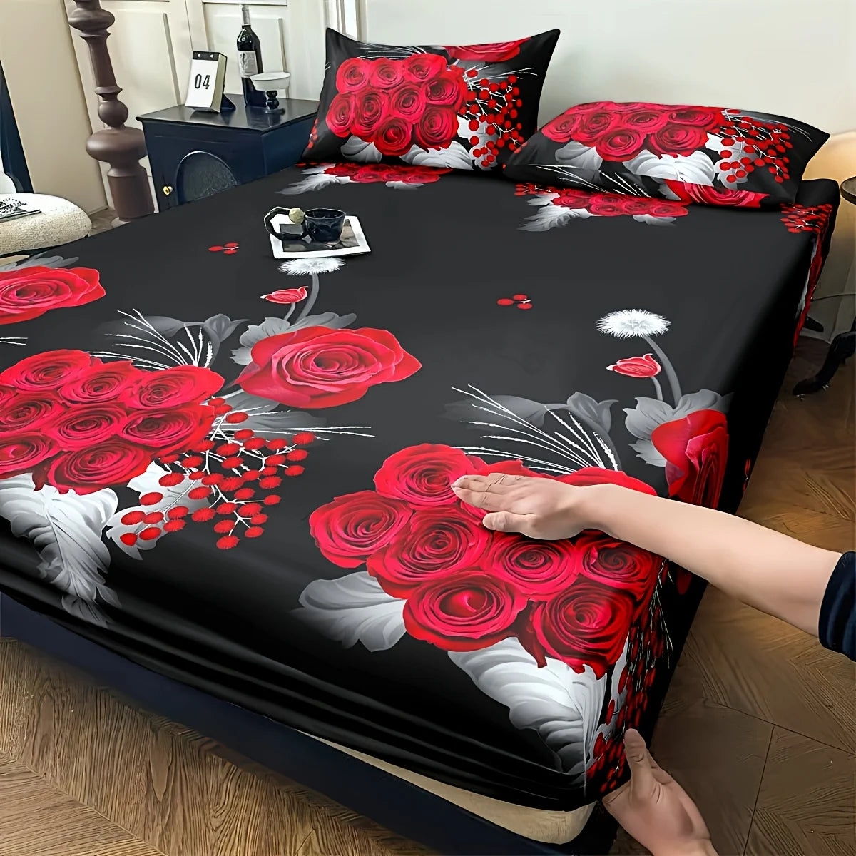 ensemble literie motifs roses noires blanches moderne drap housse taies oreillers