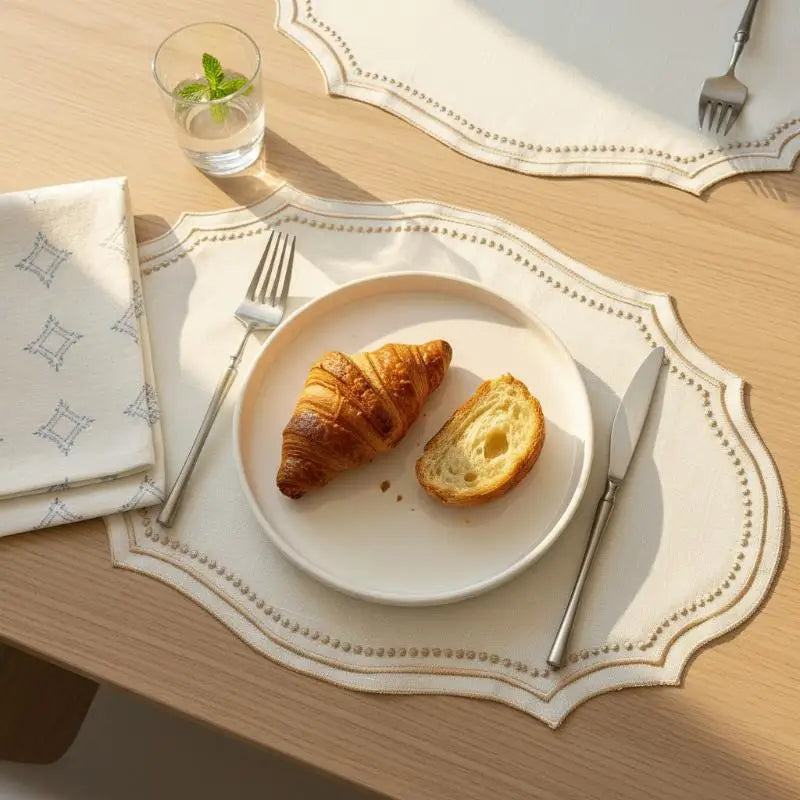 nappes set table brodées coton couleur blanc beige bleu marron rustique vintage bohème